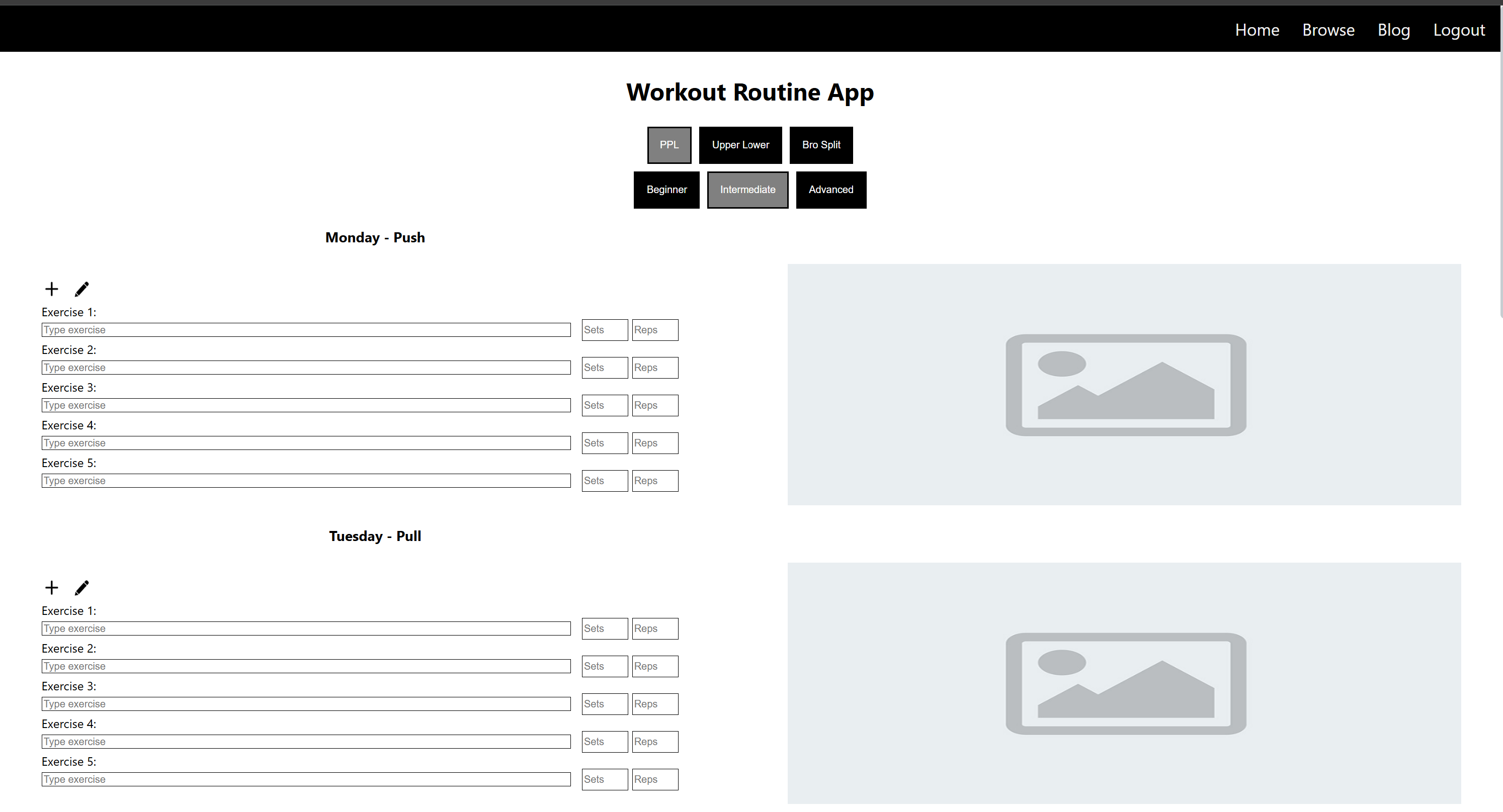 Workout routine app screenshot